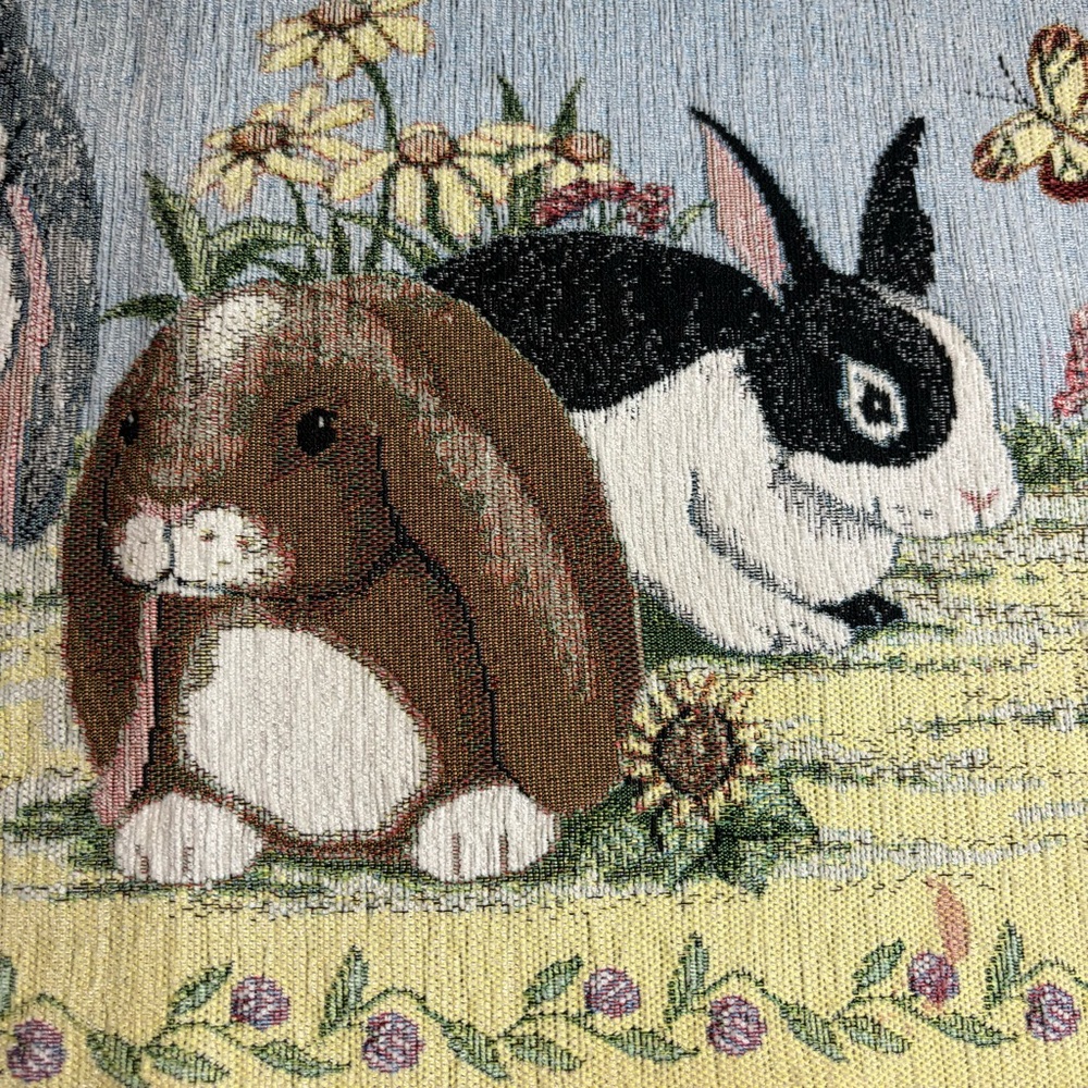 VTG Bunny Rabbits Easter Table Runner Tassels Textile 13X76 blue floral LIKE…
